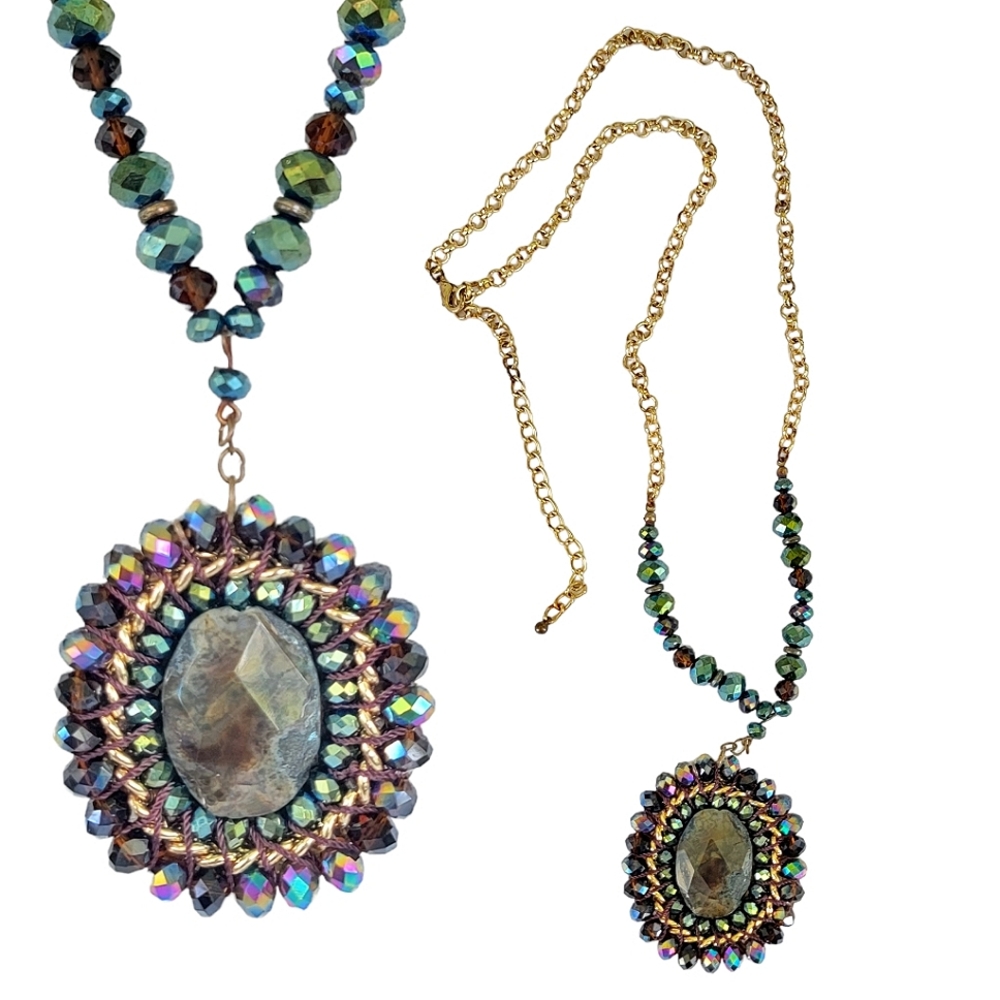 Natural Stone Gold Tone Iridescent Beeded Long Gold Necklace Peacock Colors